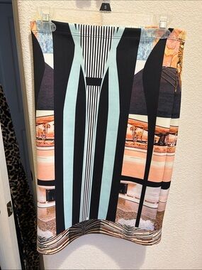 Clover Canyon Black, Peach & Mint Architectural Photo-Print Pencil Skirt